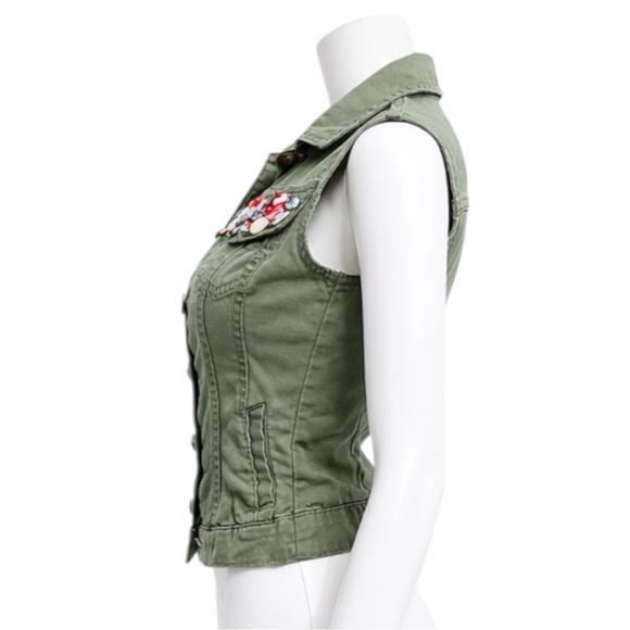 Dolled Up Army Fatigue Green Rhinestone Pocketed Vest - Picture 9 of 15